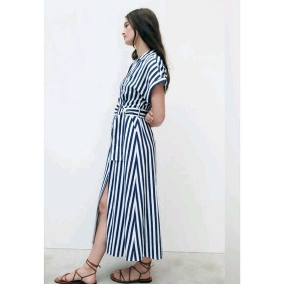 NWOT Zara Striped Linen Bld Shirt Dress XS XSmall Midi Blue White Resort No Belt - Picture 3 of 12